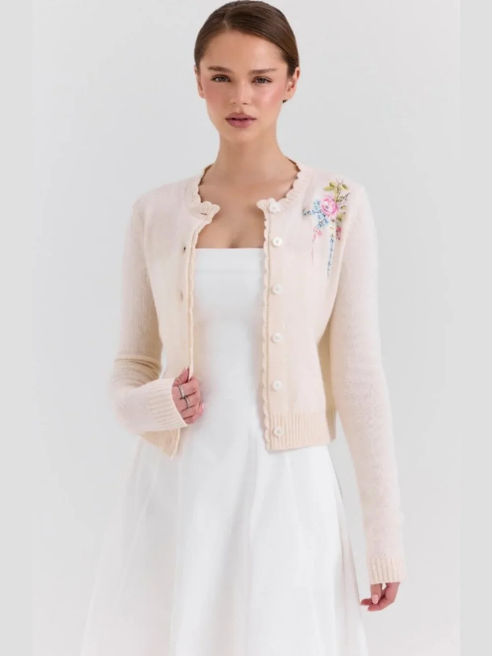 House of CB Anjou Cream Floral Lambswool Embroidered Cardigan - Picture 5 of 5